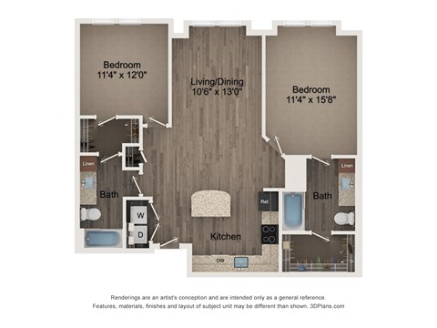 Floor plan for 2 beds, 2 baths, 1127 sqft